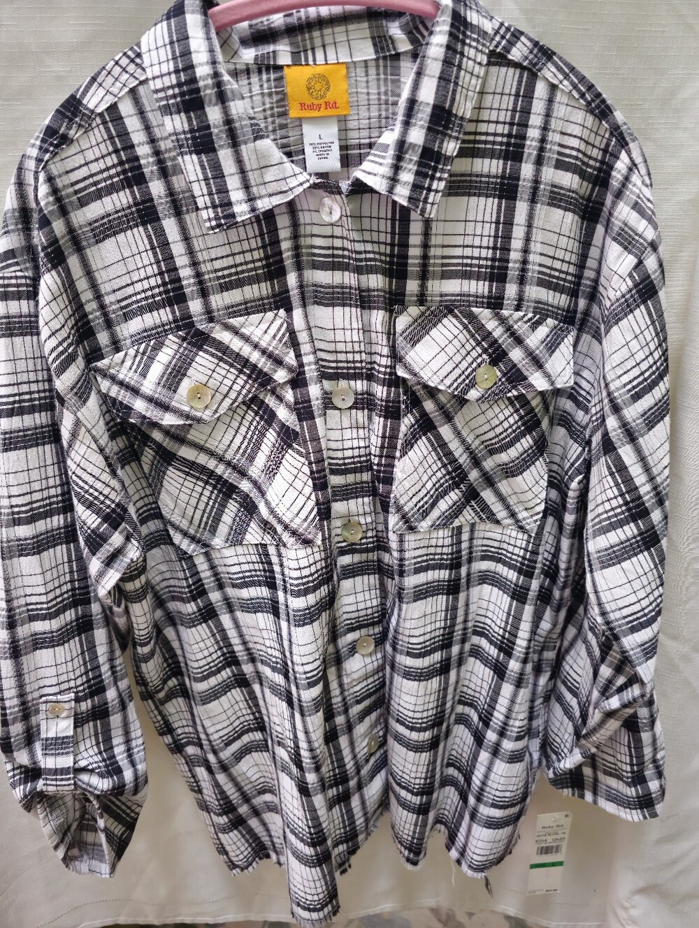 Ruby Rd. Black & White Plaid Button Down Shirt Women's Size Large NWT